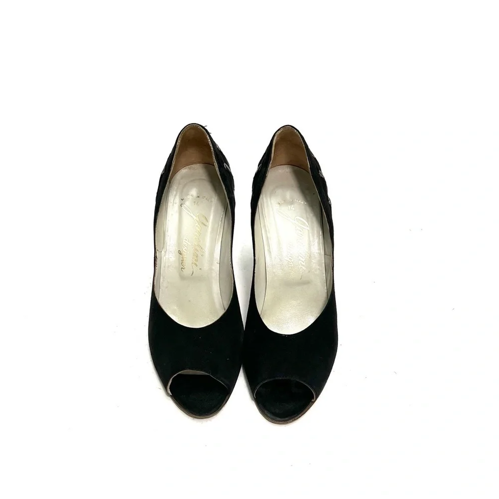 Vintage 1970s black suede peep toe studded heel stiletto pumps